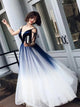 Blue Tulle V Neck Sleeveless Prom Dresses