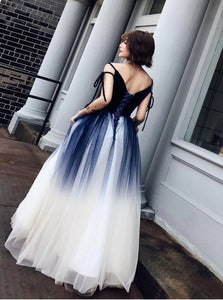 A Line Blue Tulle Lace Up Prom Dresses with Pleats