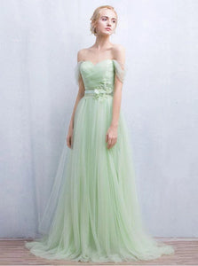 Mint Green Off the Shoulder Floor Length Short Sleeves Prom Dresses