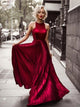 A Line Satin Sleeveless Pleats Red Prom Dresses