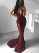 Burgundy Sweep Train Sleeveless Prom Dresses