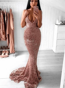 Mermaid Sequins V Neck Sweep Train Prom Dresses