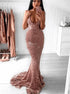 Mermaid Sequins V Neck Sweep Train Prom Dresses LBQ1667