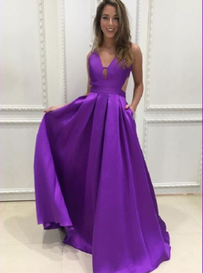 A Line V Neck Purple Satin Prom Dresses with Pleats