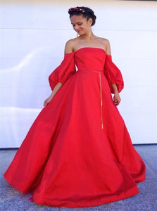 Ball Gown Satin Red Prom Dresses with Puff Sleeves
