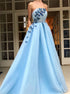 A Line Sky Blue Tulle Prom Dress With Appliques LBQ0869