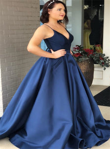 V Neck Satin Sleeveless Navy Blue Prom Dresses
