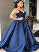 V Neck Satin Sleeveless Navy Blue Prom Dresses