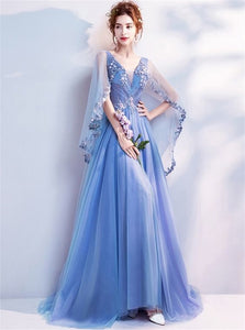 Embroidery Deep V Neck Blue Elegant Tulle Prom Dresses
