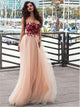 A Line Champagne Tulle Prom Dresses With Sweep Train