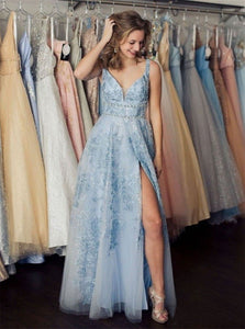 A Line V Neck Tulle Beadings Prom Dresses with Slit