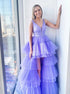 A Line V Neck Purple High Low Purple Tulle Prom Dresses LBQ2197