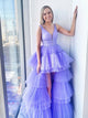 A Line V Neck Purple High Low Purple Tulle Prom Dresses