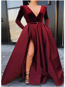 A Line Burgundy V Neck Floor Length Satin Prom Dresses with Slit