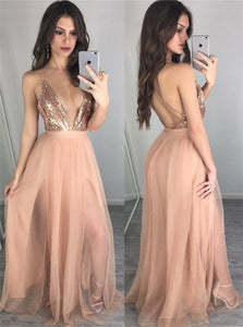V Neck Floor Length Peach A Line Prom Dresses with Sequins