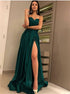 A Line Dark Green Satin Prom Dress with Slit LBQ1186