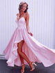 A Line Pink V Neck Chiffon Asymmetrical Prom Dresses 