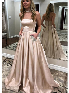 Champagne Satin Sleeveless Prom Dresses With Pockets