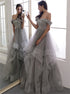 Off the Shoulder Grey Tiered Prom Dress LBQ1448