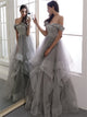 Off the Shoulder Grey Ruffles Organza Prom Dresses