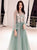 A Line Green Tulle Applique Long Prom Dresses