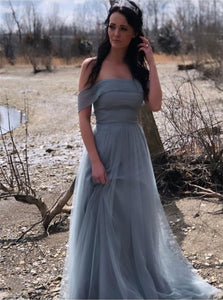 A Line Gray Sleeveless Prom Dresses with Sweep Train 