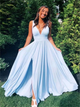 A Line Blue V Neck Satin Sleeveless Prom Dresses with Slit