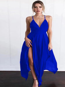 A Line Spaghetti Straps Criss Cross Satin Prom Dresses  with Slit