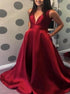 Deep V Neck Red Satin Prom Dress with Pockets LBQ1544