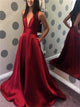 A Line Open Back Red Sweep Train Prom Dresses