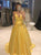 Yellow A Line V Neck Satin Sweep Train Prom Dresses with Pleats