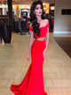 Two Piece Off the Shoulder Mermaid Red Prom Dresses 