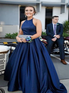 A Line Navy Blue Halter Satin Prom Dresses