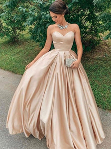 Satin Sweep Train Sleeveless Prom Dresses with Pleats