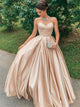 Satin Sweep Train Sleeveless Prom Dresses with Pleats
