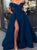 Navy Blue Satin Short Sleeves Prom Dresses with Sweep Train