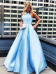 Blue Satin High Neck Pearl A Line Floor Length Sleeveless Prom Dresses
