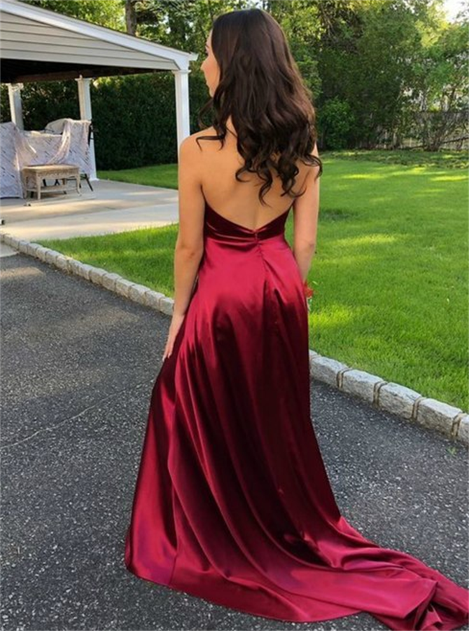 A Line Burgundy Backless Satin Prom Dresses With Split | Alinepromdress A Line Burgundy Backless Satin Prom Dresses With Split | Alinepromdress