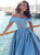 A Line Short Sleeves Blue Satin Prom Dresses