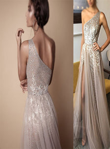 A Line One Shoulder Split Sequins Tulle Sleeveless Prom Dresses