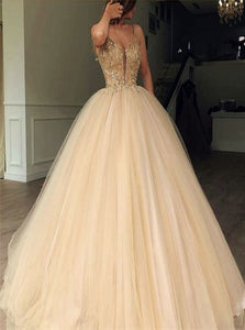 Spaghetti Straps Ball Gown Light Champagne Prom Dresses