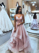 Princess A Line Pink Tulle Spaghetti Straps Floor Length Prom Dresses with Ruffles