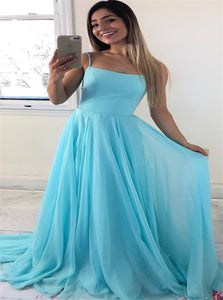 Blue A Line Spaghetti Straps Chiffon Prom Dresses with Pleats