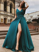 A Line Slit Teal V Neck Satin Sleeveless Prom Dresses 