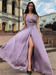A Line Slit V Neck Satin Lavender Prom Dresses 