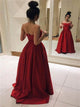 A Line Sweetheart Red Satin Prom Dresses with Pleats 