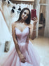 Princess A Line Pink Tulle Spaghetti Straps Prom Dress with Ruffles LBQ0588