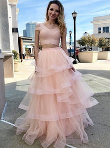 Pink Tulle Two Pieces Layered Short Sleeves Prom Dresses