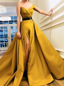 Sleeveless Yellow Prom Dresses with Sweep Train