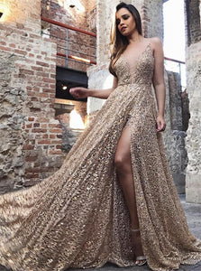 A Line Sequin V Neck Gold Prom Dresses with Slit